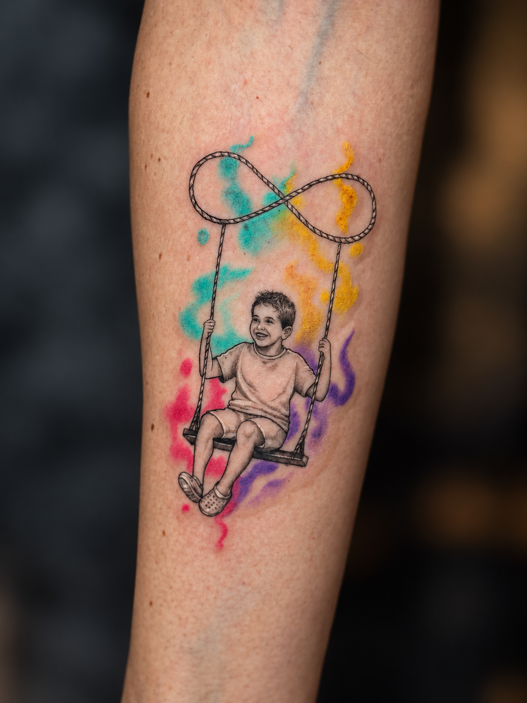 Tatuagem em aquarela de criança no balanço por Cascio