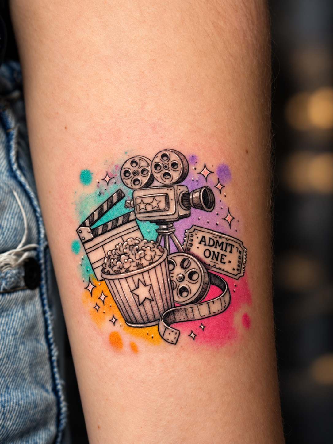 Tatuagem em aquarela com tema de cinema por Cascio